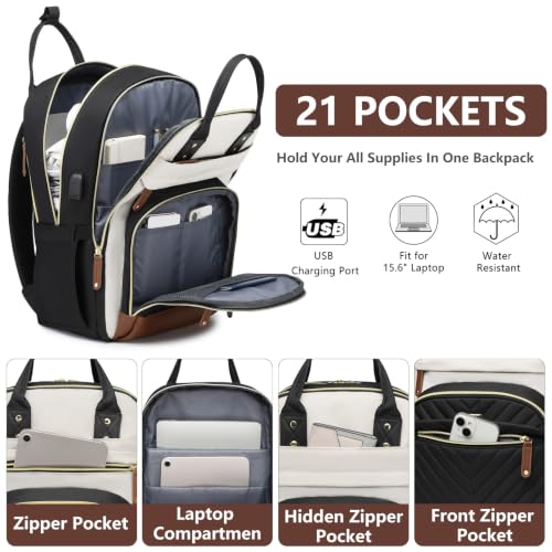 Bagswan 15.6'' Women's Laptop Backpack with USB Charger - Beige, Black, Brown