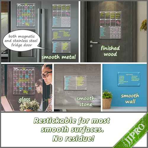 JJPRO Non-Magnetic Dry Erase Calendar - Monthly & Weekly Chart, List & Blank Board for Smooth Surfaces. Clear Reusable Calendar Sticks to Fridge, Cabinet, Door & Glass