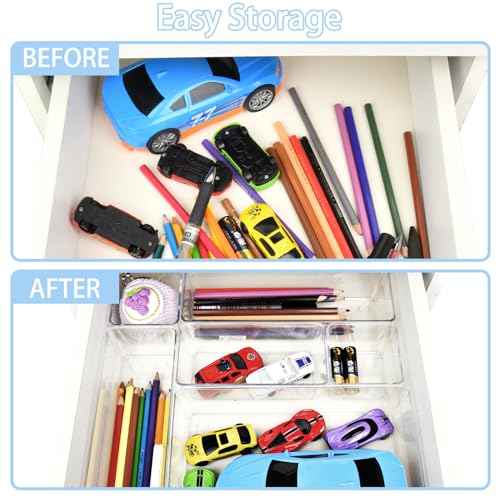 Drawer Organizers Set of 15, 4 Sizes Clear Plastic Drawer Organizers and Storage Bins for Kitchen, Bathroom, Office, Dresser Desk Drawer Organizer Tray for Jewelry, Makeup, Junk, Gadgets