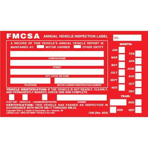 J. J. Keller 20-Pack, Aluminum Annual Vehicle Inspection Label with Punch Boxes, Red FMCSA Label, DOT Compliant