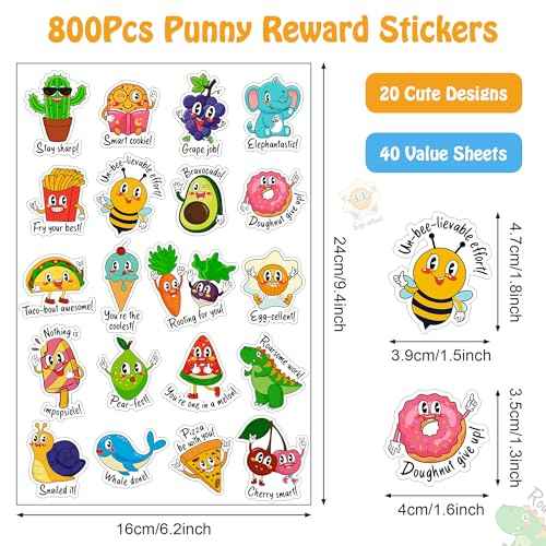 800PCS Punny Teacher Sticker for Student, D-FantiX Motivational Reward Stickers for Kids Classroom, Must Have Essentials for Teachers Elementary, Positive Encouragement Stickers Home School Supplies