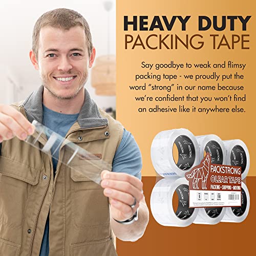 Packstrong Heavy Duty Packing Tape 3" x 2 Mil Thick, 6 Rolls, 110 Yards Each