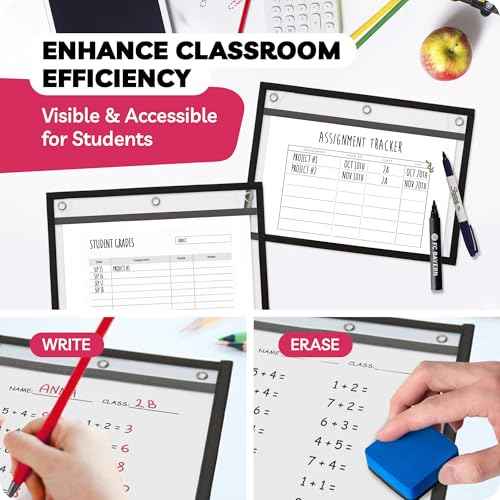 Job Ticket Holders 9x12 - (30 Pack), 8.5 x 11 Letter Size, Dry Erase Pockets, Clear & Black Plastic Sleeves - Reusable, Water-Resistant