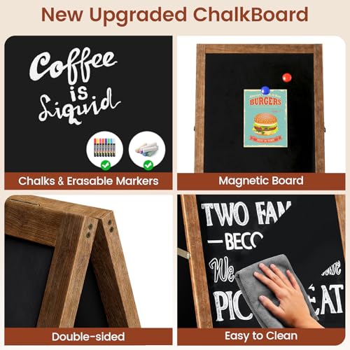 A Frame Chalkboard Sign, 40"x20" Extra Large Sidewalk Chalk Board, Wooden Standing ChalkBoards Set with Markers, Double-Sided Magnetic Blackboard for Caf?s, Weddings, Party Guide, Brown
