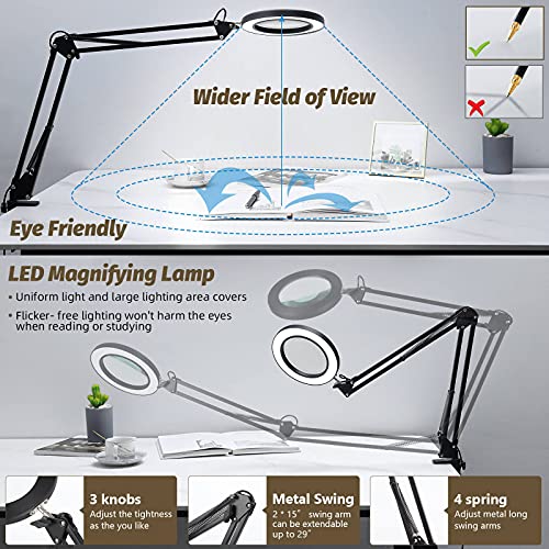 LANCOSC Magnifying Glass with Light and Stand, 5 Inches 10X Real Glass Lens, 3 Color Modes Stepless Dimmable LED Desk Lamp, Adjustable Arm Lighted Magnifier Light for Reading Repair Crafts Close Work