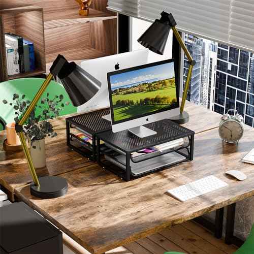 2 Pack Desk Organizer and Accessories, 2-Tier Metal Computer Monitor Stand Riser with Drawer, Desk Accessories & Workspace Organizers for Home Office Supplies, Black