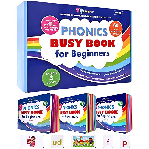 Learn to Read Phonics Busy Book for Beginning Readers, Montessori-Inspired Set of 3 Busy Books for Kids Ages 4-8, 60 Learning Activities, Read in 4 Weeks with CVC Words and Sight Words