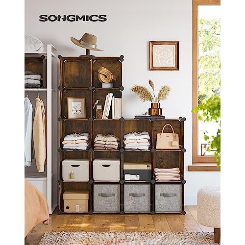 SONGMICS Cube Storage Organizer, Set of 16 Plastic Cubes, Closet Organizers and Storage, Room Organization, Bedroom Living Room, 12.2 x 48.4 x 48.4 Inches, Rustic Brown ULPC442A01