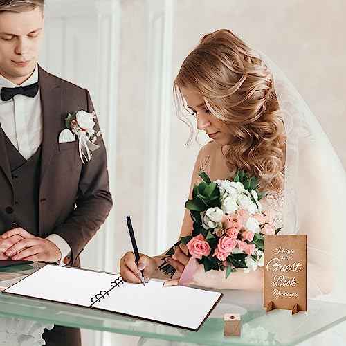 Wooden Wedding Guest Book with Pen and Holder Table Reception Sign Wooden Guestbook Registry Album 50 Pages for Decorative for Wedding Anniversary Birthday Engagement Supplies(Fresh)
