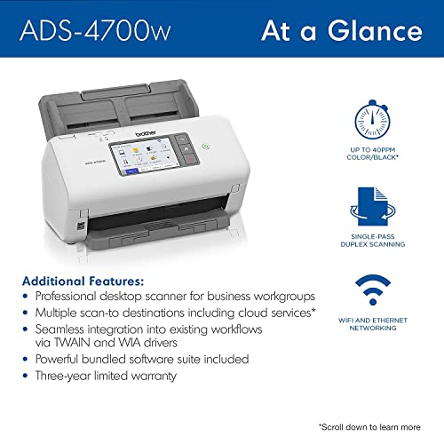 Brother ADS-4700W Professional Duplex Wireless Desktop Scanner with 4.3" Touchscreen - New Larger Display