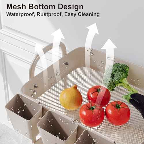 3 Tier Khaki Metal Utility Rolling Cart, Storage Cart with Handle and Lockable Wheels, Multifunctional Organizer Trolley with Mesh Storage Baskets for Kitchen, Office, Living Room, Laundry, Garage