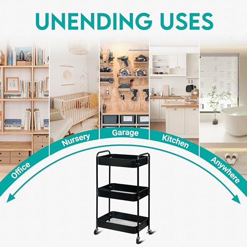 Zoes Homeware 3-Tier Metal Rolling Cart on Wheels, Black Utility Cart