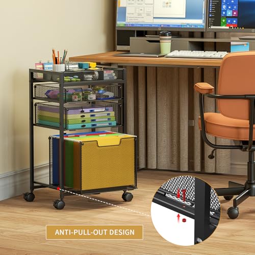 JKsmart Rolling File Cart with 3 Drawers (Black) - Under-Desk Filing Cabinet with DIY Dividers, A4/Letter Size