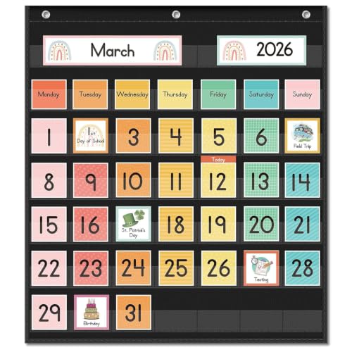 Eamay Rainbow Colorful Classroom Calendar Pocket Chart for Kids - Preschool & Kindergarten