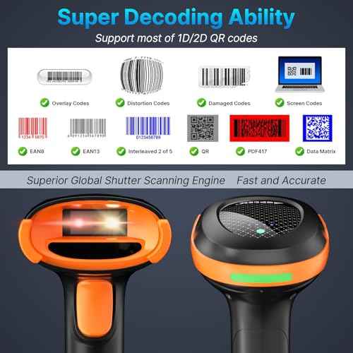 AGPTEK Bluetooth & 2.4GHz Wireless Barcode Scanner with Battery Indicator, Replaceable Battery, 2D/1D QR Code Reader, Wireless Charging Cradle, Ideal for Retail & Warehouse Use