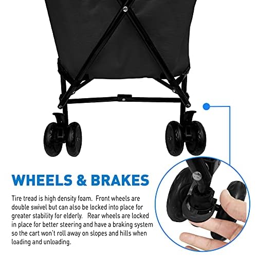 EasyGo Grocery Shopping Cart Laundry Basket Rolling Utility Cart with Wheels ? Removable Canvas Bag, Versa Wheels & Rear Brakes - Easy Folding 120lb Capacity ? Copyrighted, Black