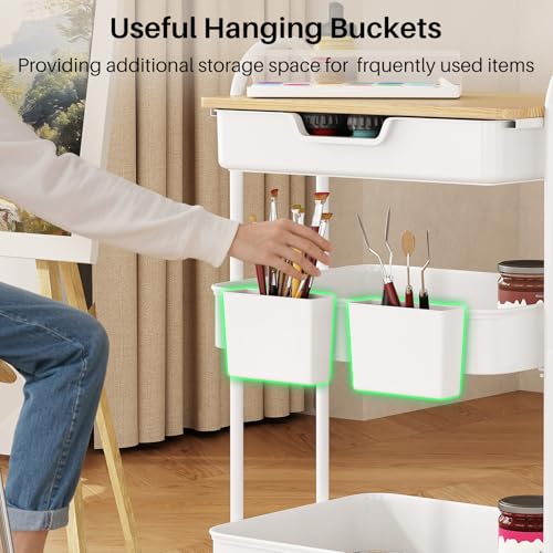 SNTD 3 Tier Utility Rolling Cart with Wheels - Smooth Sliding Drawers, Wooden Tabletop, Hanging Buckets for Kitchen, Art Room, Office, Bathroom (White)