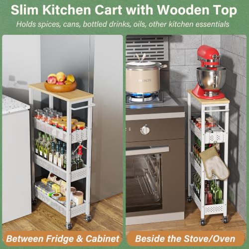 OKZEST Slim Laundry Room Cart 7.1 Inch Wide White with Upgraded Metal Casters