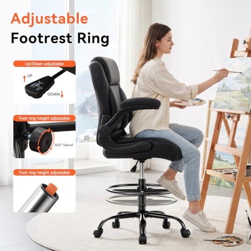 JMYMRY PU Leather Drafting Chair with Foot Ring, Black/Modern, Height Adjustable 360° Swivel, Flip-Up Armrests, Counter/Standing Desk