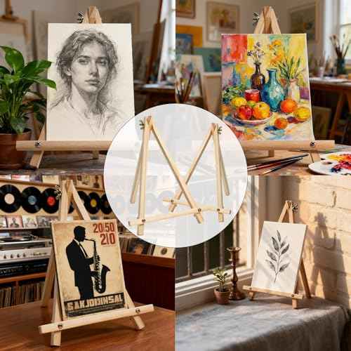6 Pack 9 Inch Wood Easels, Tabletop Painting Easel Stand for Canvas, Photo & Sign Display - Portable Tripod Art & Craft Easels for Kids and Adults