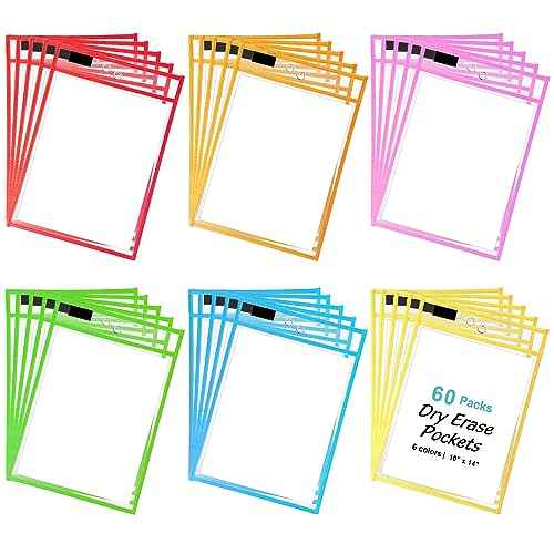 60 Pack Dry Erase Pockets, 6 Assorted Colors 10 x 14 Inches, Job Ticket Holders, Reusable Plastic Sleeves, Clear Order Ticket Sleeve, Top-Loading with Eyelet for Hanging