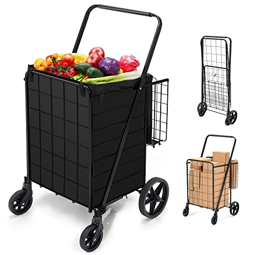 HABUTWAY Grocery Cart on Wheels with Removable Liner, Folding Shopping Cart,Heavy Duty Shopping Carts for Groceries,360¡Æ Rolling Laundry Cart,Lightweight Trolley for Seniors 220lb Capacity Black