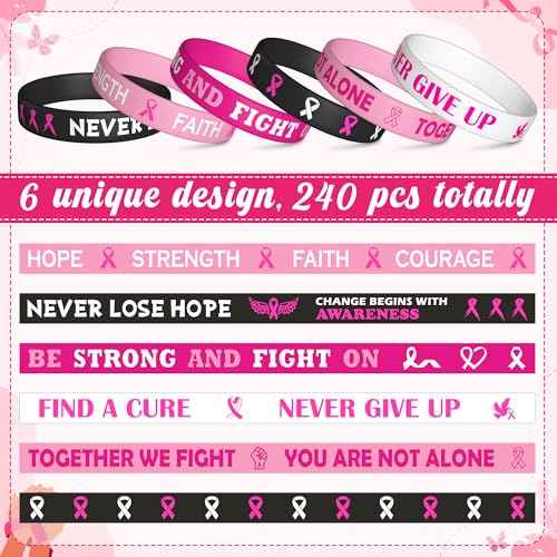 WATINC Breast Cancer Awareness Silicone Bracelets Set - Pink Ribbons Hope Faith Strength Courage Stretch Wristbands, Motivational Rubber Bracelet with Inspirational Messages for Women (240Pcs)