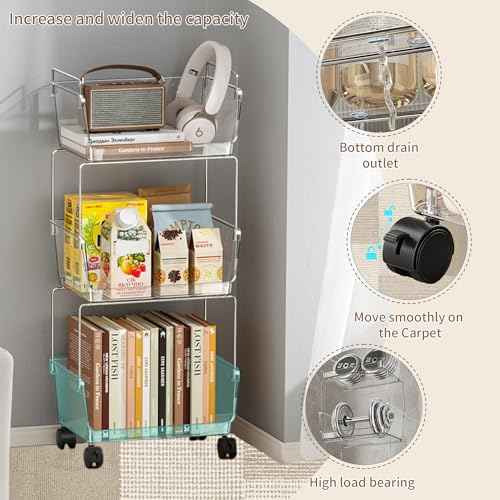 3-Tier Rolling Cart with Wheels, Clear Bathroom Storage Cart with Lockable Wheels, PET Utility Cart for Kitchen, Bedroom, Office,Snack, Makeup - Multifunctional Storage Easy to Assemble