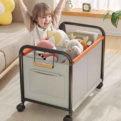 Children's Organizer With Wheels for Bedrooms, Playrooms - Holds Toys, Books, Clothes, Snacks - 360 Steering Wheels, Metal & Oxford Cloth Boxes (White, Small Size)