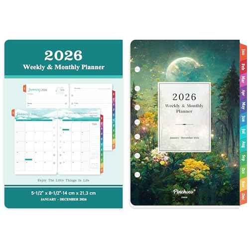 2026 Planner Refills - Planner Refills 2026, JAN 2026 - DEC 2026, 5-1/2" x 8-1/2", A5 Planner Inserts, 2026 Weekly and Monthly Planner Refill with 7-Hole Punched, Colorful Tabs - Dreaming Moon