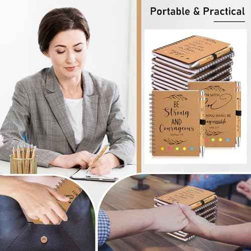 Spakon 30 Set Christian Gifts Bulk Church Gifts Religious Notebook Spiral Bible Verse Bamboo Pens Mini Bible Study Journal for Sunday School Employee Coworker Men Women (Brown)