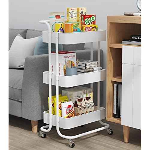 Sooyee 3 Tier Utility Cart,Rolling Cart with Handle and Lockable Wheels, Multi-Functional Storage Cart for Office, School,Living Room, Kitchen, Bathroom, Bedroom,Laundry, White
