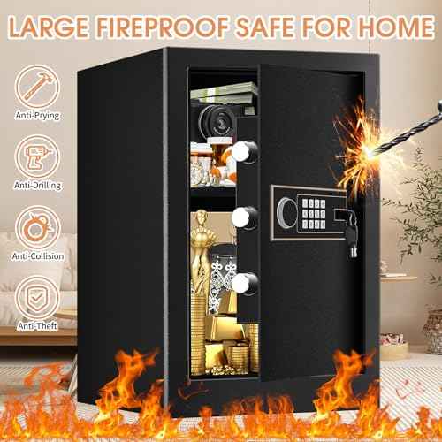 3.4 Cuft Large Fireproof Safe for Home, Safety Box with Programmable Keypad and Spare Keys, Anti-Theft Digital Safe Box Fireproof Waterproof for Money Documents Medicine Valuables, Black