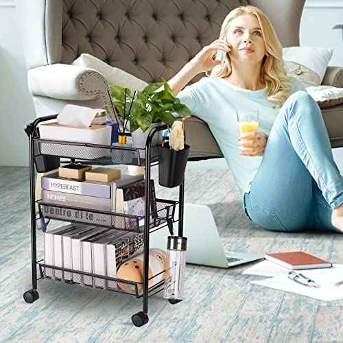 3 Tier All-Metal Rolling Utility Cart with Locking Wheels,Easy-Carry and Assembly Mesh Trolley Cart with 2 Small Baskets and 4 Hooks for Bathroom Kitchen Office Balcony,Slide-Out Narrow Shelf