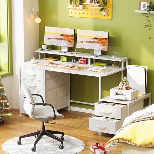 52 Inch White Office Desk with 6 Storage Drawers, Reversible Printer Shelf & Power Outlets
