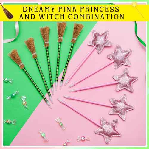 Geyoga 20 Pack Witch and Princess Pens Party Favors Green Witch Broom and Pink Star Pens for Wizard Themed Party Supplies Birthday Halloween Gifts Supplies Goodie Bag Fillers (Green Stripes)