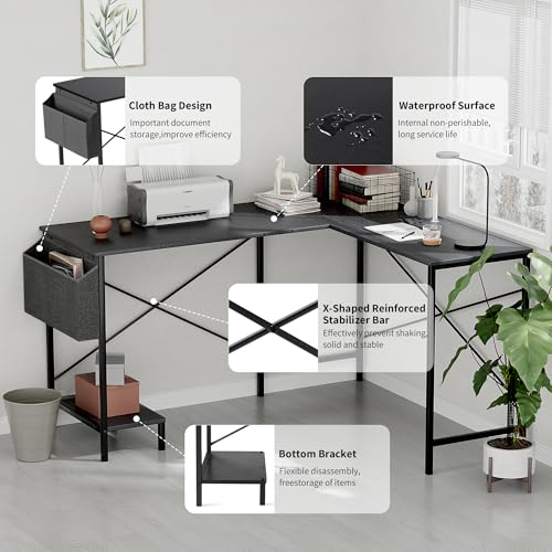 50-Inch Computer Gaming Corner L Shaped Desk, Sturdy Desk, Reversible Game Table Home Office Desk for Bedroom, Wood Top, Metal Frame, Side Bag, Easy to Assemble, mesa escritorio para computadora