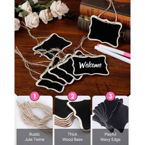 Uniclife 24 Pack Mini Chalkboard Signs for Food, Small Chalkboard Signs with Strings Chalk Markers & Replacement Stickers, Hanging Chalkboards Sign Reusable Wooden Food Labels for Party Buffet Wedding