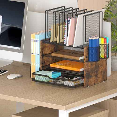 Piskyet Desk Organizer and Accessories, Wooden Desk File Organizer with Drawer,5 Vertical File Holders and 2 Pen Holders,Fancy Desktop Storage for Home Office