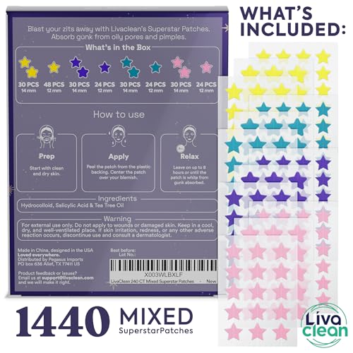 LivaClean 1440 CT (6 Pack of 240) Superstar Acne Patches w/Salicylic Acid & Tea Tree, Star Pimple Patches for Face Stars Hydrocolloid Acne Patch Cute Zit Patch for Face Healing Sticker