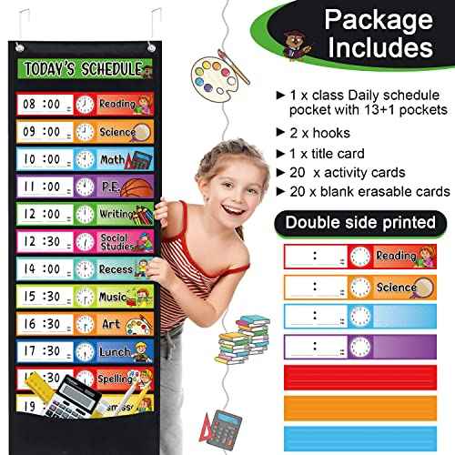 Daily Schedule Pocket Chart Kit,40 Bright Attractive Double-Sided Reusable Erasable Cards,1 Title Card,13+1 Scheduling Pocket Chart with 2 Hangers for Classroom Office Home Preschool Learning (Black)