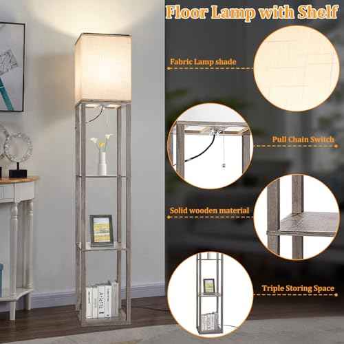Floor Lamp with Shelves£¬Wood Corner Floor Lamps for living room tables with 3 CCT LED Bulb,Modern Display Bookshelf Nightstand Lamps,Column Standing Lamp for Bedroom Office Home Decor-Rustic Wood