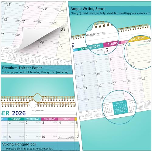 BowCuk 2026-2027 Wall Calendar 21 Months - 14.57 x 11.42 Inches, Large Ruled Blocks, Holidays & Notes