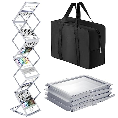 Tatuo Foldable Magazine Rack Metal Catalog Literature Rack Portable 6 Pockets with Carrying Bag Aluminum Brochure Stand Display Holder Stand for Exhibition Trade Show Office Retail Store