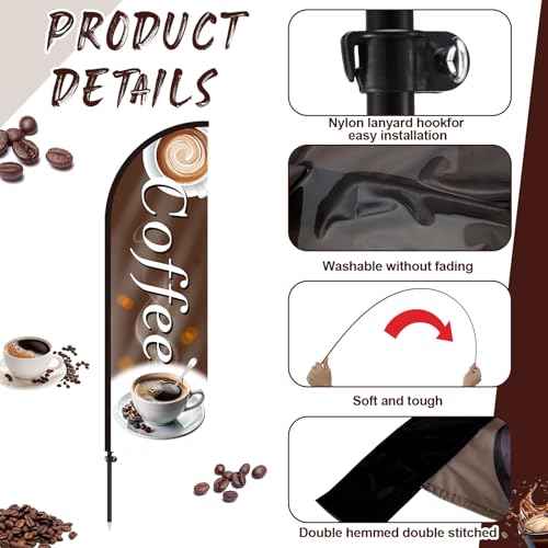 Coffee Advertising Swooper Flag Banner 8.2ft Feather Flags with Pole and Ground Stake Advertising Feather Banner Signs for Business Store Fronts (Brown)