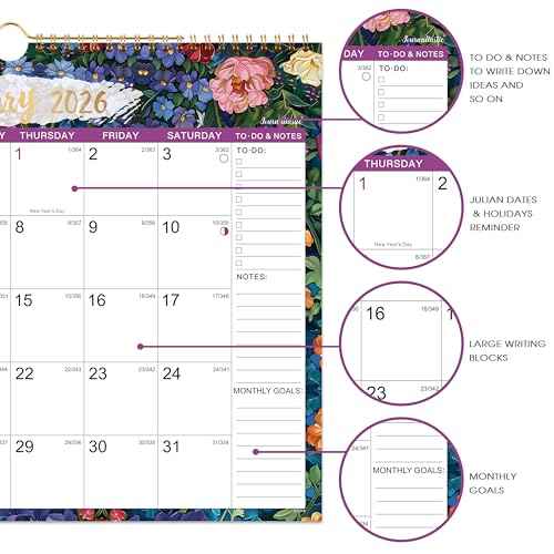 2026 Calendar - 2026 Wall Calendar, Jan 2026 - Dec 2026, 14.8" x 11.57", 12 Months Wall Calendar 2026 with Premium Paper, Strong Twin-Wire Binding, Perfect for Organizing & Planning, 6 Different Background Patterns
