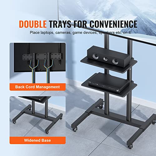 VEVOR Mobile TV Cart for 32 to 70 inch TVs, Height Adjustable Portable TV Stand with Wheels and Double Tray for Audio-Visual Devices, Rolling TV Stand for Living Room