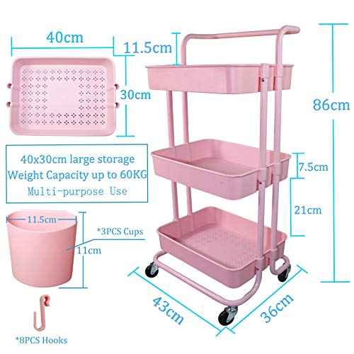 3 Tier Utility Rolling Cart Multifunction Organizer Shelf Storage Cart with 3 Pieces Cups and 8 Pieces Hooks for Home Kitchen Bathroom Laundry Room Office Store etc. (Pink)