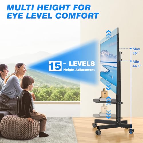 Rfiver Rolling TV Stand with Shelf - Height Adjustable Mobile TV Cart for 32-75 Inch TVs, Upgraded 360° Wheels, 88 lb Capacity, With Shelf
