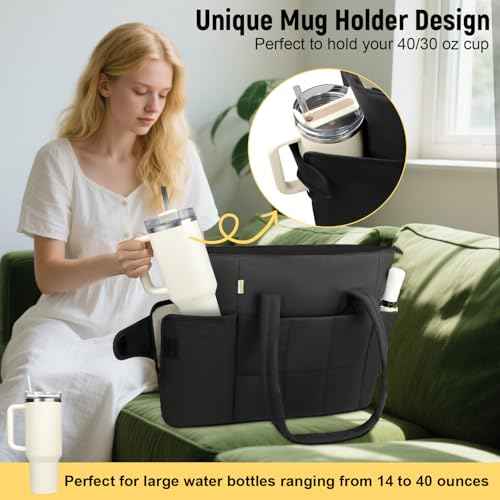 Puffer Tote Bag with Large Cup Holder& 15.6 Inch Laptop Compartment, Lightweight Puffy Work Bag with Water Bottle Pocket, Large Laptop Tote with Clutch Purse for Women Teacher Nurse (Black)